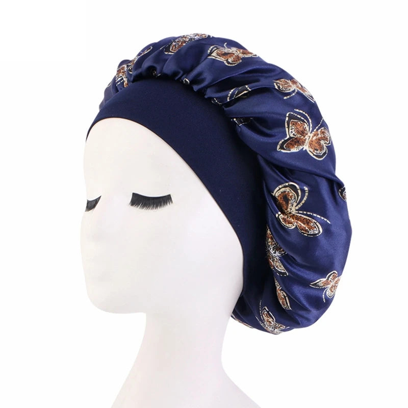 Butterfly Print Satin Sleeping Cap Wide Brim Nightcap Hair Care Turban Chemo Hat for Washing Face Skin-caring Make-up