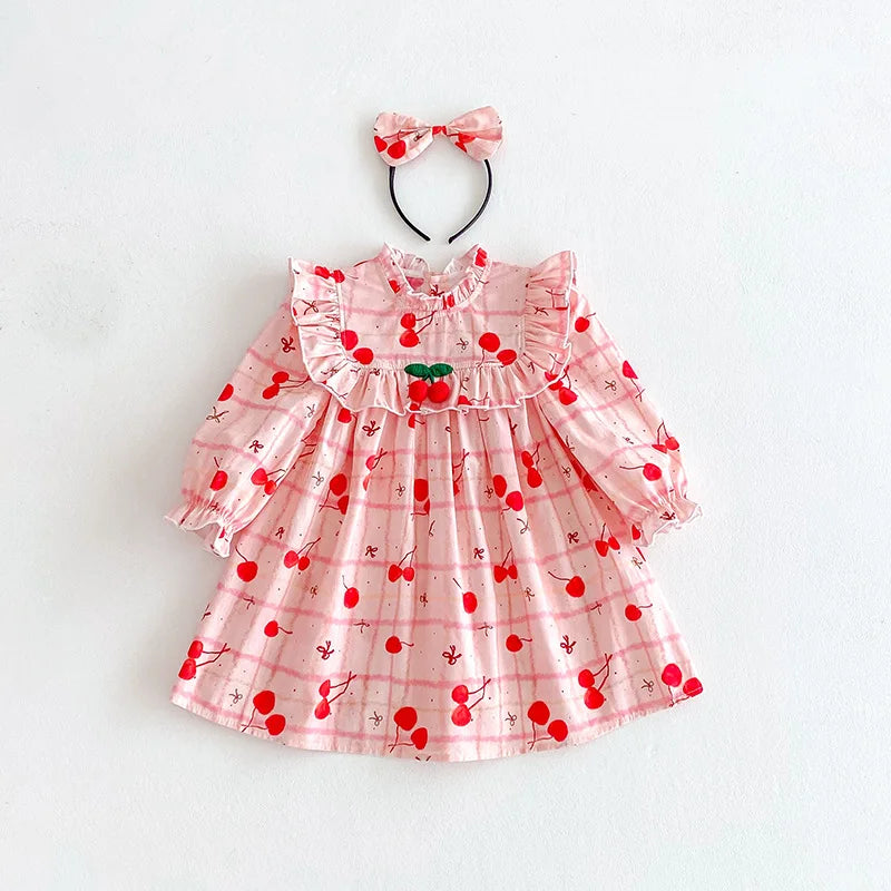 2025 Autumn New Baby Clothes Cherry Print Sibling Clothes Little Sisters Bodysuit Infant Outfit