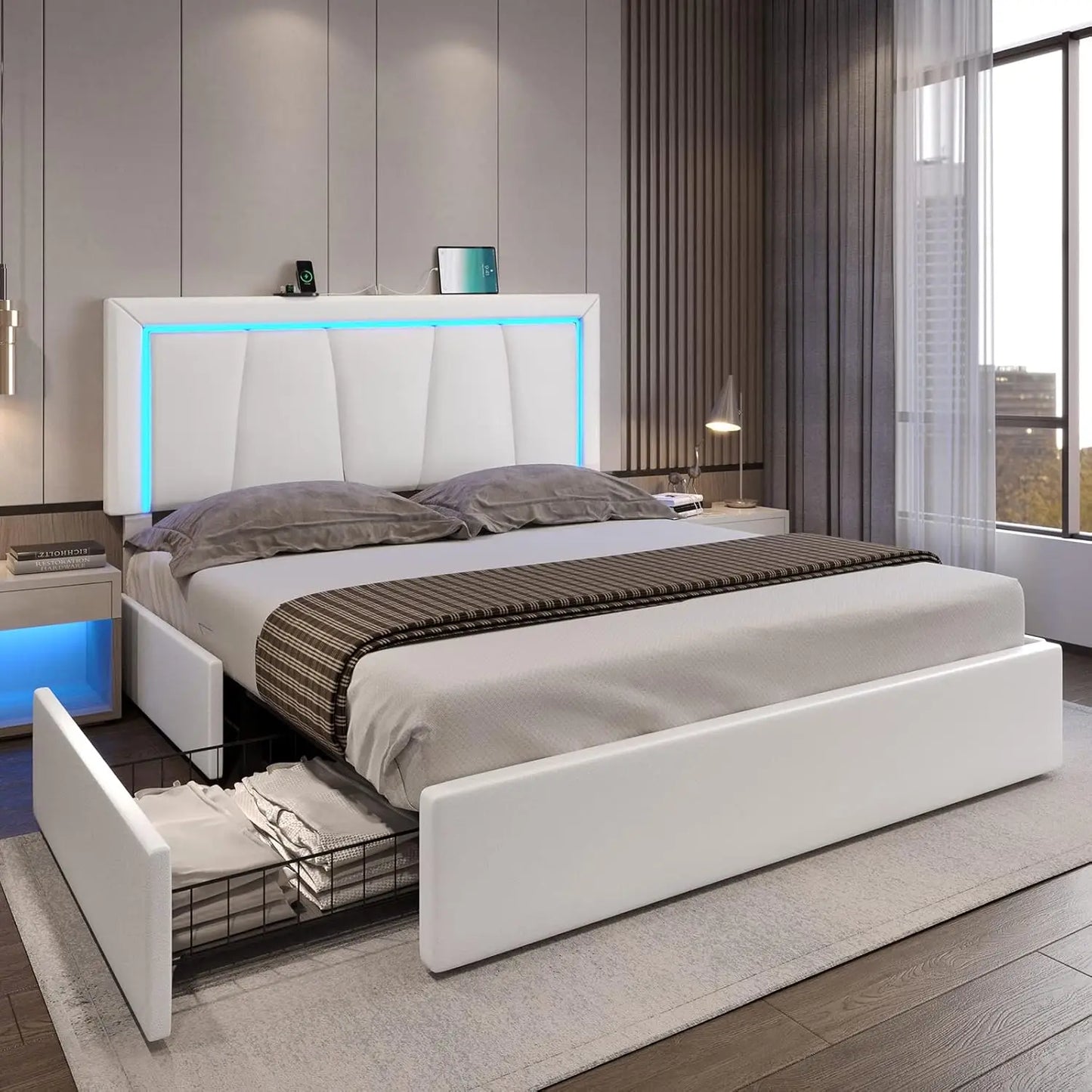 LED Bed Frame with Drawers and USB Ports Modern Upholstered Platform Bed Frame with Storage Queen Size Faux Leather Storage Bed