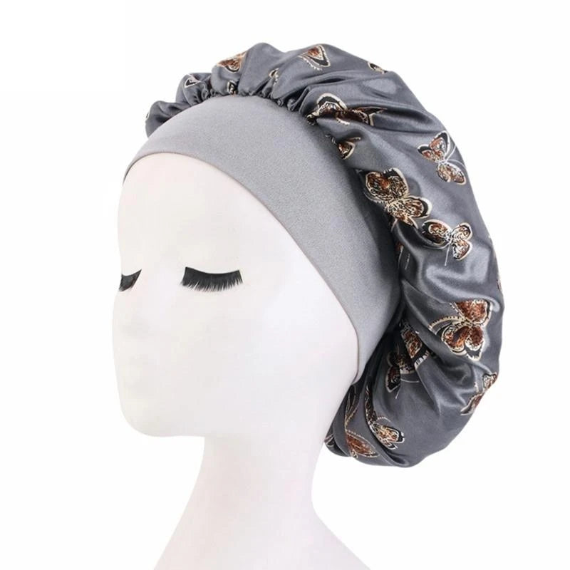 Butterfly Print Satin Sleeping Cap Wide Brim Nightcap Hair Care Turban Chemo Hat for Washing Face Skin-caring Make-up