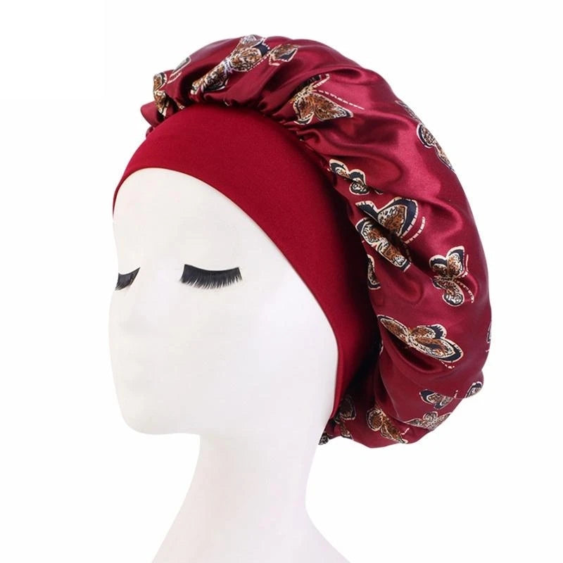 Butterfly Print Satin Sleeping Cap Wide Brim Nightcap Hair Care Turban Chemo Hat for Washing Face Skin-caring Make-up