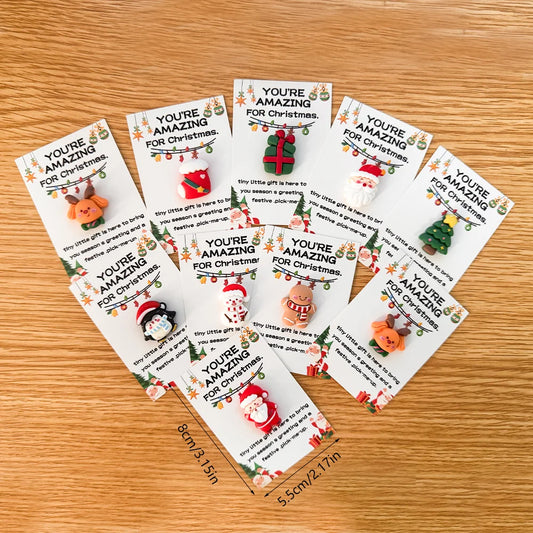 10/40PCS Random Mini Christmas Cards - Emotional Support Gifts with Resin Charms, Santa, Stocking, Gingerbread, Snowman,Reindeer