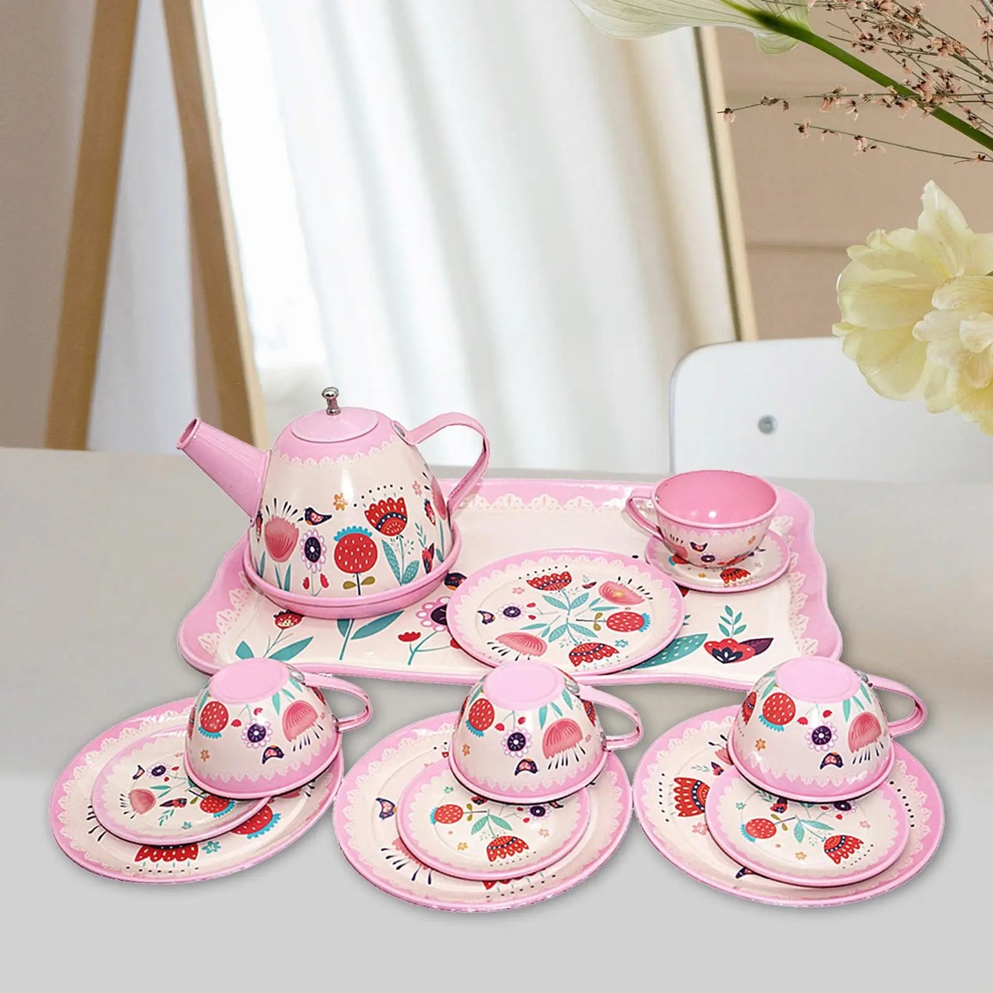 Kids Tea Set for Little Girls Tea Party Set Kitchen Pretend Play Toy Afternoon Tea Playset for Birthday Gift Age 3 4 5 6