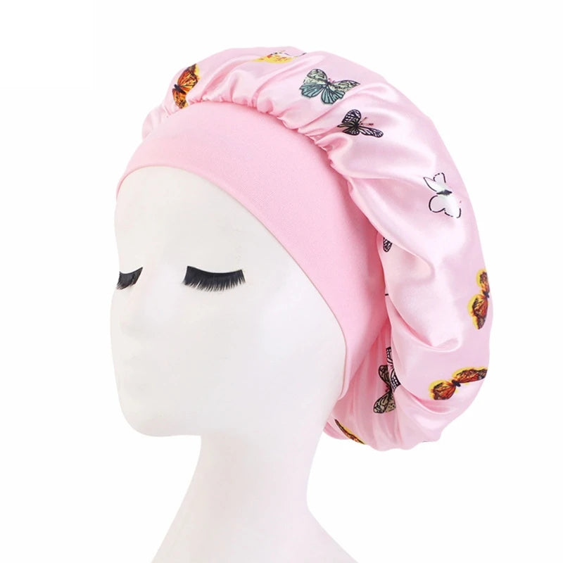 Butterfly Print Satin Sleeping Cap Wide Brim Nightcap Hair Care Turban Chemo Hat for Washing Face Skin-caring Make-up