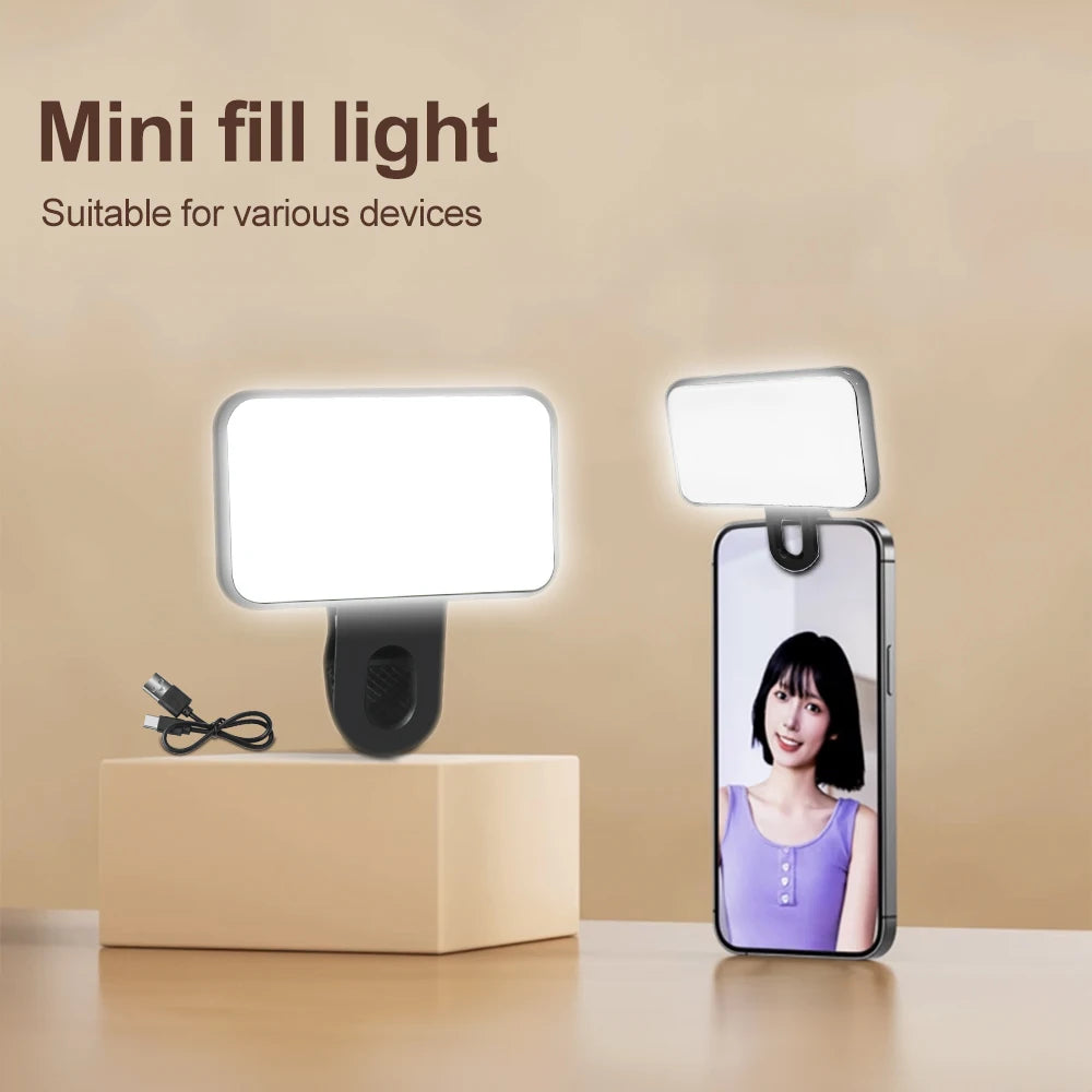 Portable Mini Selfie Fill Light Rechargeable 2 Modes Adjustable Brightness Clip On For Mobile Phone Make Up Computer Fill Light