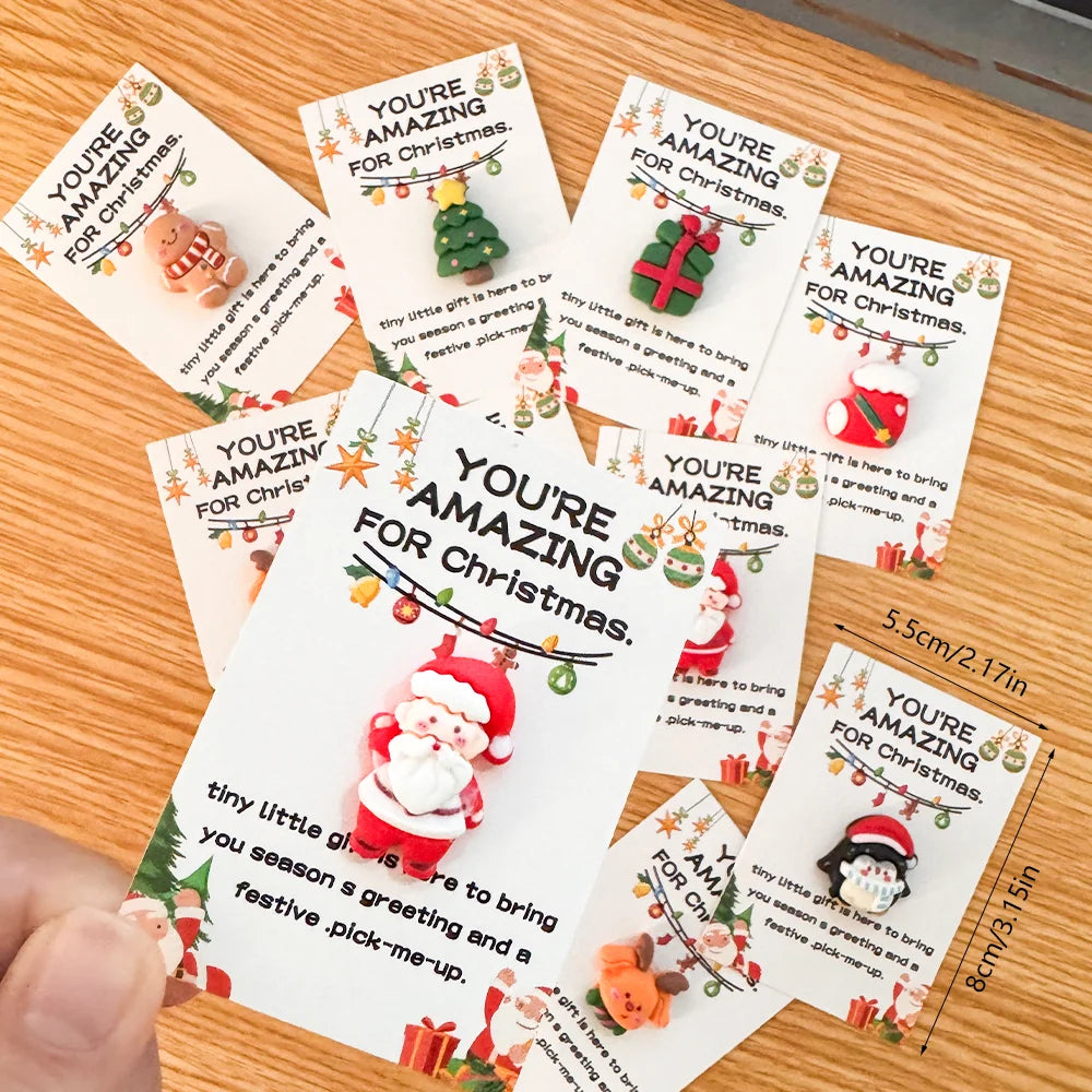 10/40PCS Random Mini Christmas Cards - Emotional Support Gifts with Resin Charms, Santa, Stocking, Gingerbread, Snowman,Reindeer
