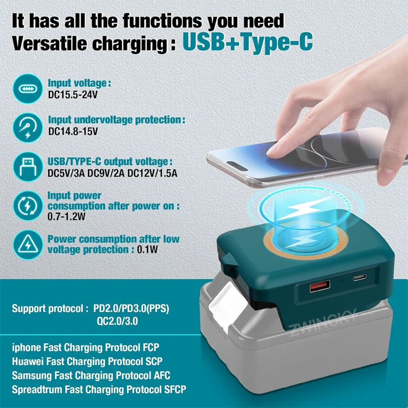 for Makita/Dewalt/Milwaukee 18V 20V Lithium Battery Wireless Charging Adapter Type C USB Charger Adapter Charging for Phone
