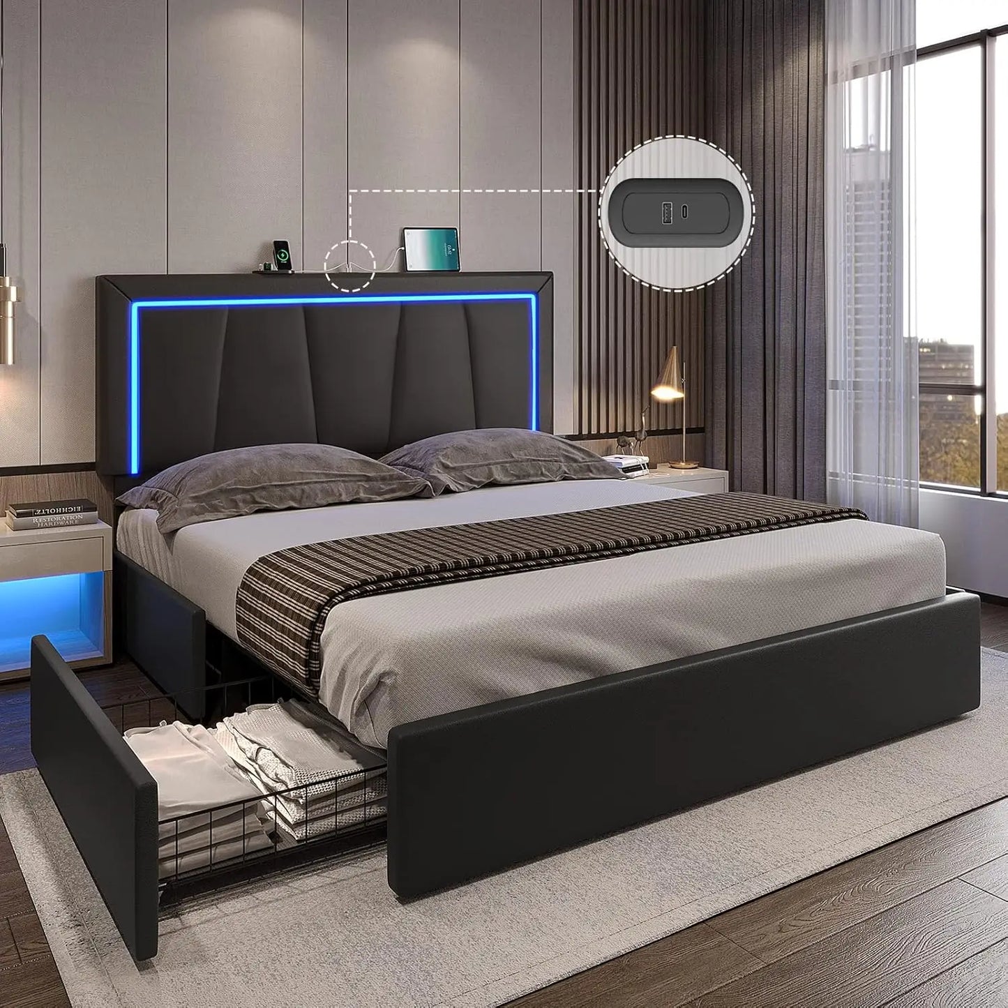 LED Bed Frame with Drawers and USB Ports Modern Upholstered Platform Bed Frame with Storage Queen Size Faux Leather Storage Bed