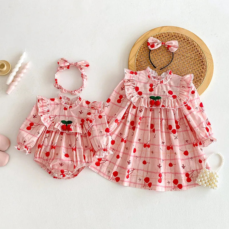 2025 Autumn New Baby Clothes Cherry Print Sibling Clothes Little Sisters Bodysuit Infant Outfit