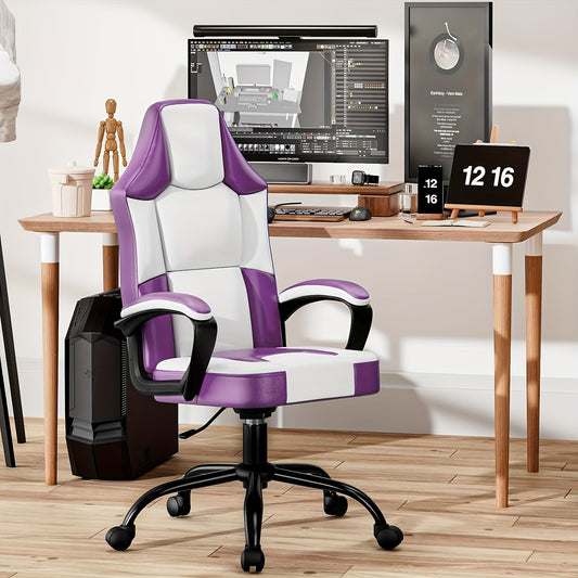 Ergonomic Gaming Chair, PU Leather Video Game Chairs for Adults, Reclining Gamer Chair Office Chair, Comfortable Computer Chair for Heavy People, Purple and White