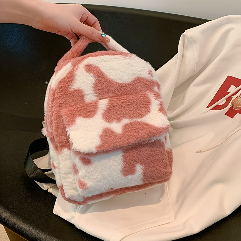 Cow Print Fluffy Backpack, Small Fuzzy Shoulder Bag For Work & School, Women's Top Handle Backpack Purse