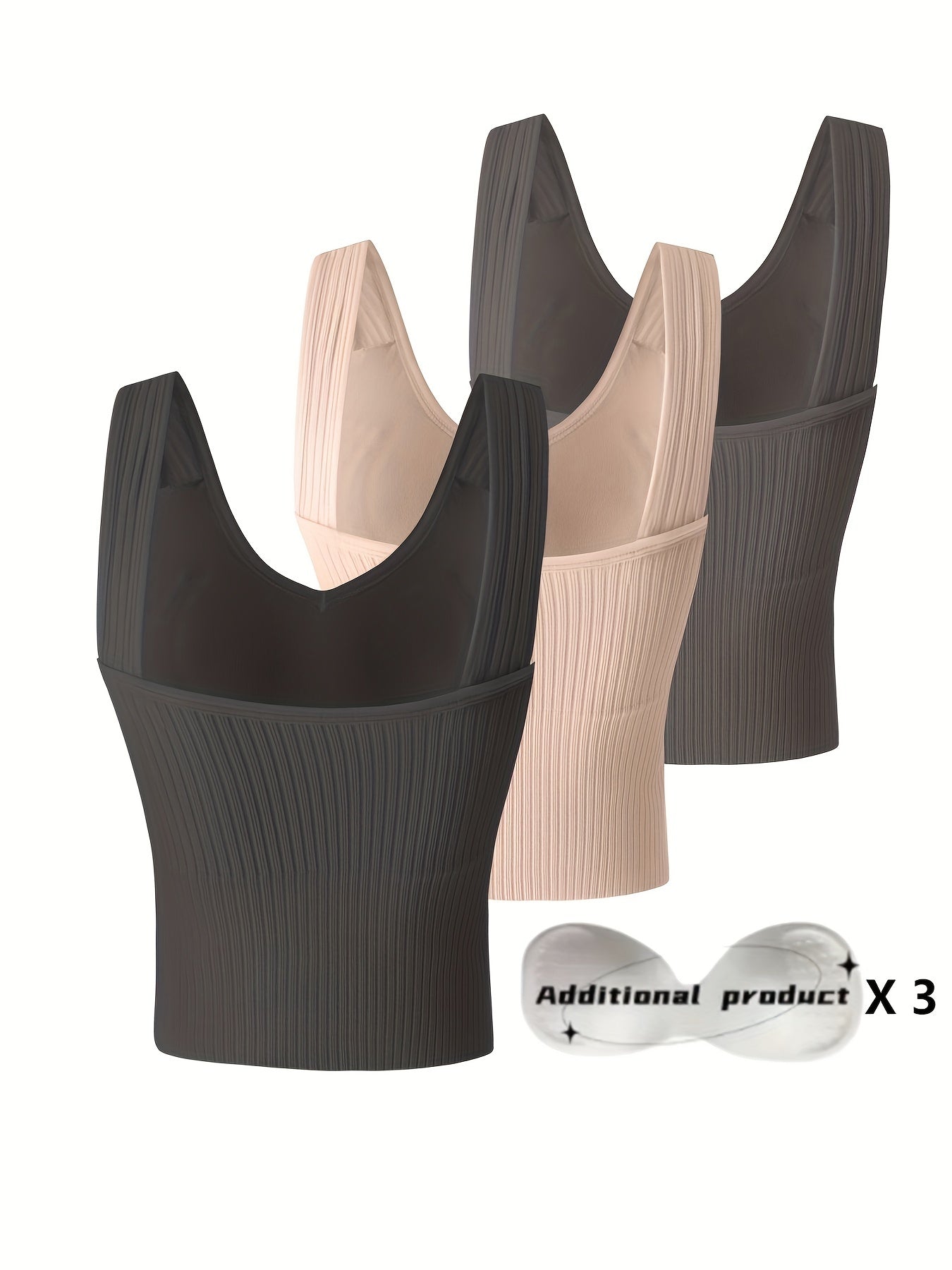 3pcs Comfortable Ribbed Tank Top - Wireless, Detachable Chest Pads, Breathable, Soft, and Seamless Lingerie & Underwear for Women - Casual, Everyday Wear
