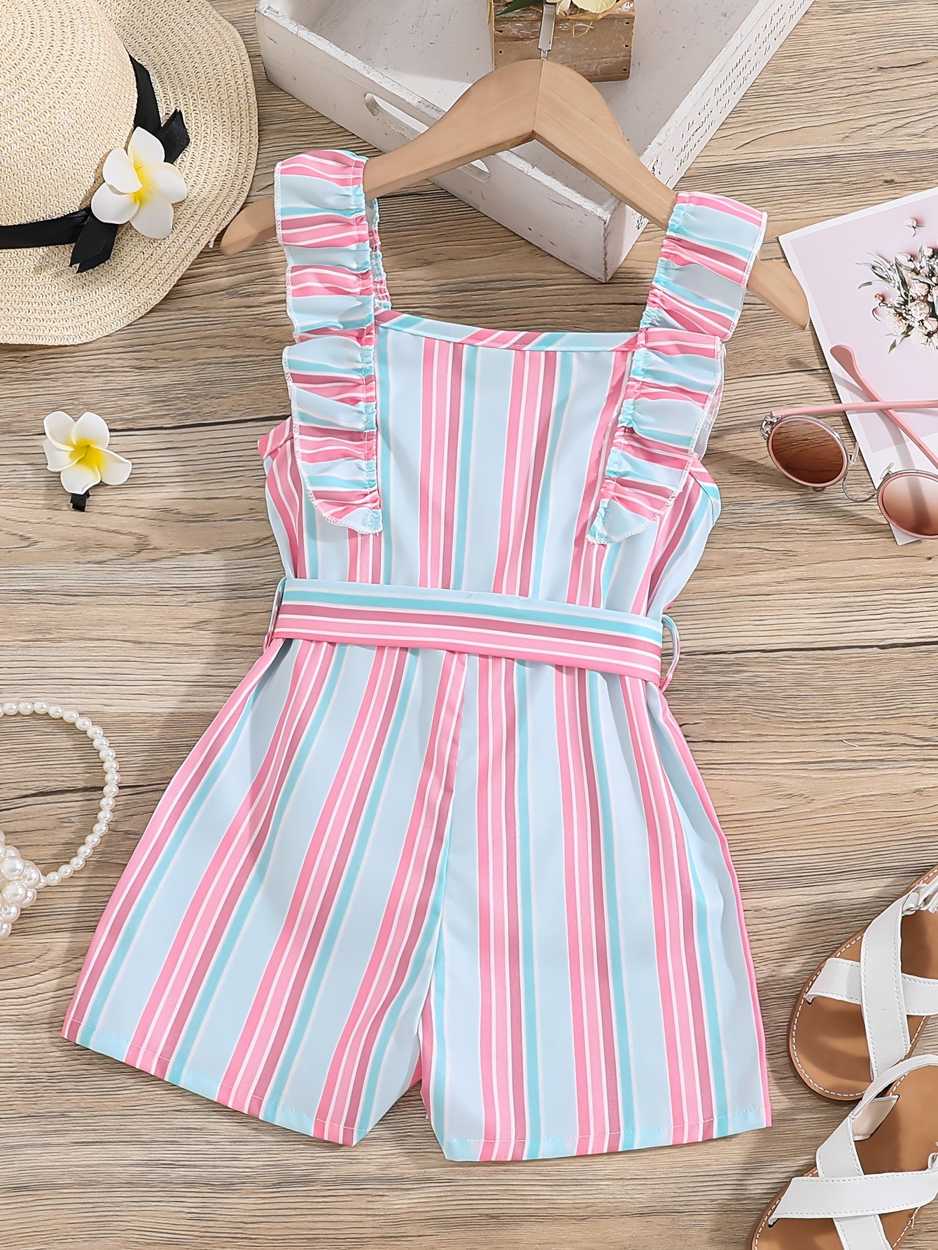 HWMFSNHFZ Girls' Sleeveless Striped Jumpsuit with Ruffled Hem & Adjustable Waist Belt - Light Blue, Pink, White Stripes, Square Neck, Summer Casual Outfit for Outdoor Play, Sleeveless Jumpsuit, Nonelastic Fabric