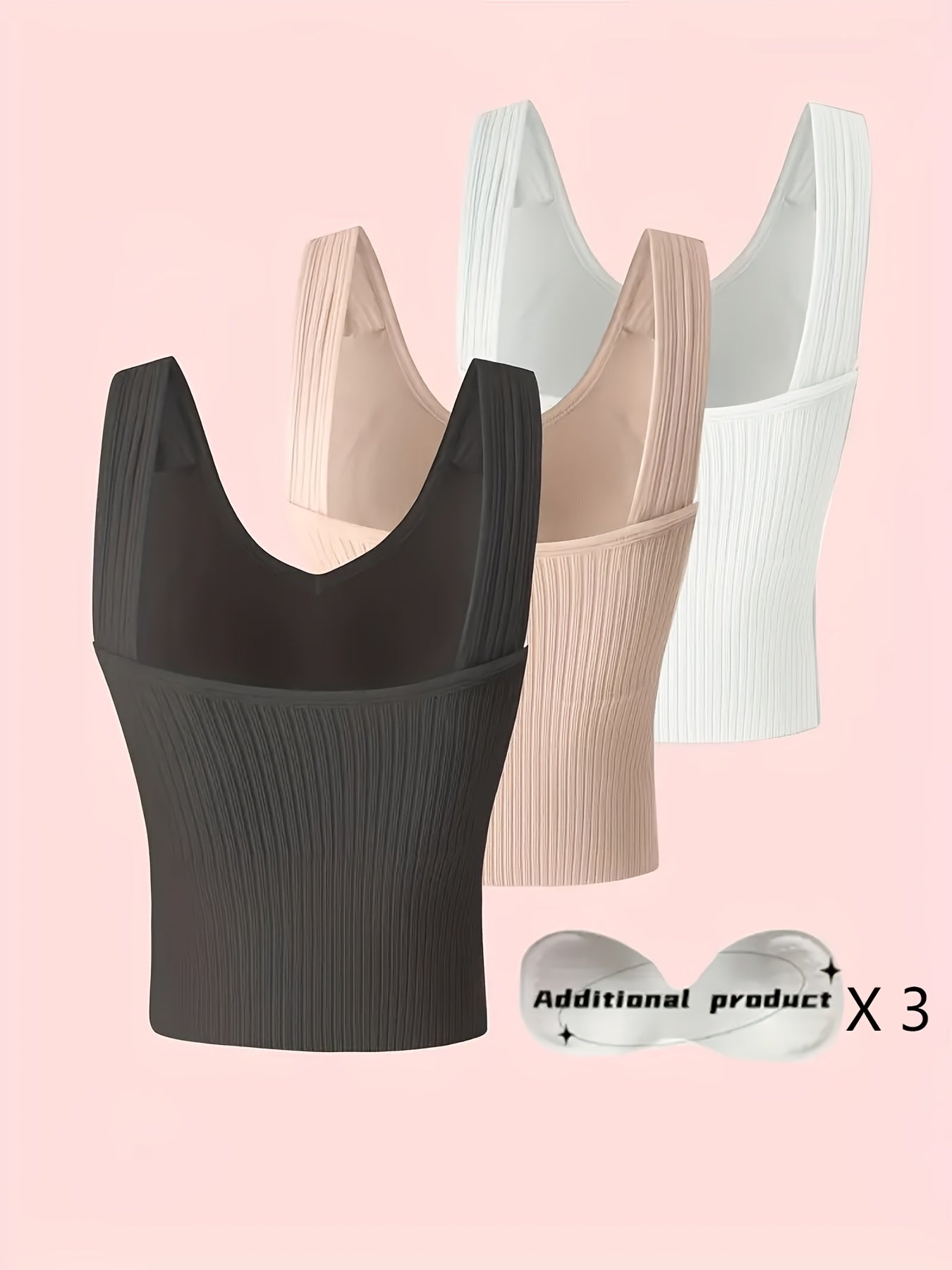 3pcs Comfortable Ribbed Tank Top - Wireless, Detachable Chest Pads, Breathable, Soft, and Seamless Lingerie & Underwear for Women - Casual, Everyday Wear