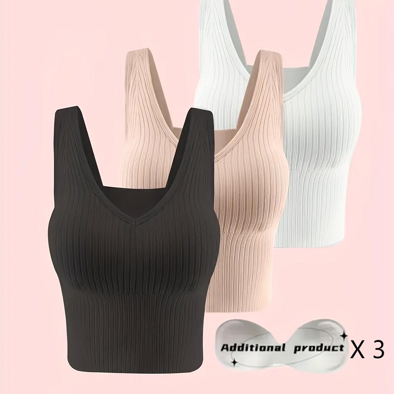 3pcs Comfortable Ribbed Tank Top - Wireless, Detachable Chest Pads, Breathable, Soft, and Seamless Lingerie & Underwear for Women - Casual, Everyday Wear