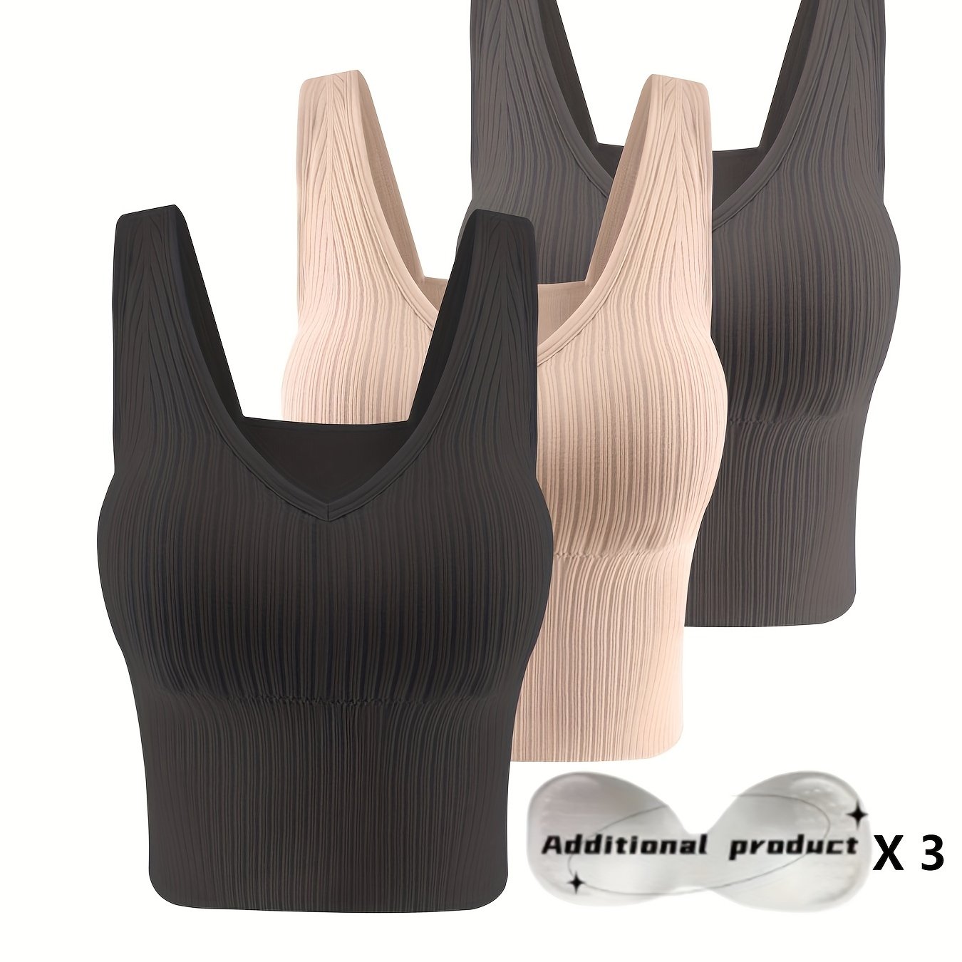 3pcs Comfortable Ribbed Tank Top - Wireless, Detachable Chest Pads, Breathable, Soft, and Seamless Lingerie & Underwear for Women - Casual, Everyday Wear