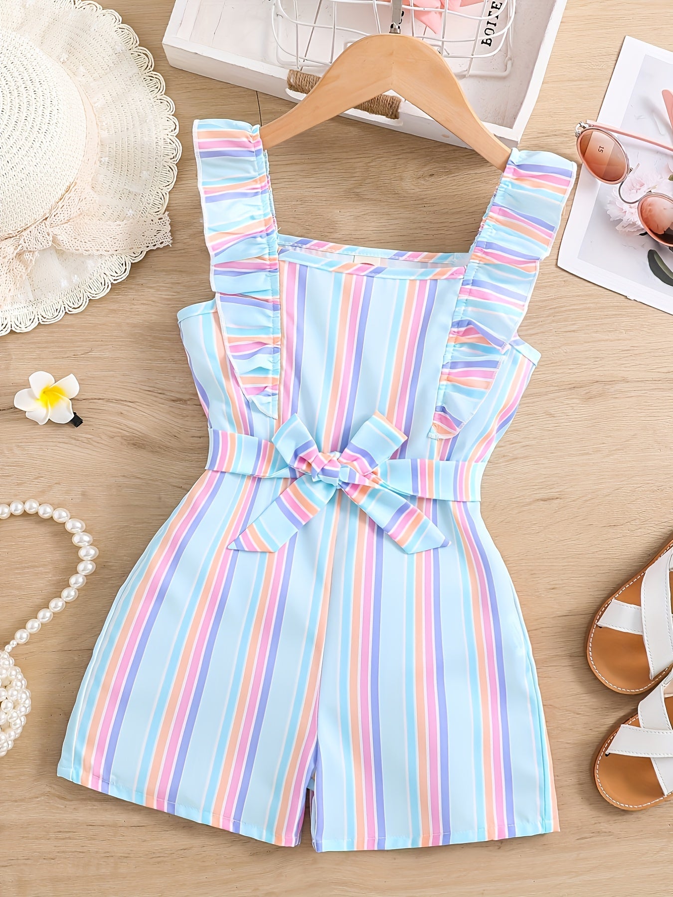 HWMFSNHFZ Girls' Sleeveless Striped Jumpsuit with Ruffled Hem & Adjustable Waist Belt - Light Blue, Pink, White Stripes, Square Neck, Summer Casual Outfit for Outdoor Play, Sleeveless Jumpsuit, Nonelastic Fabric