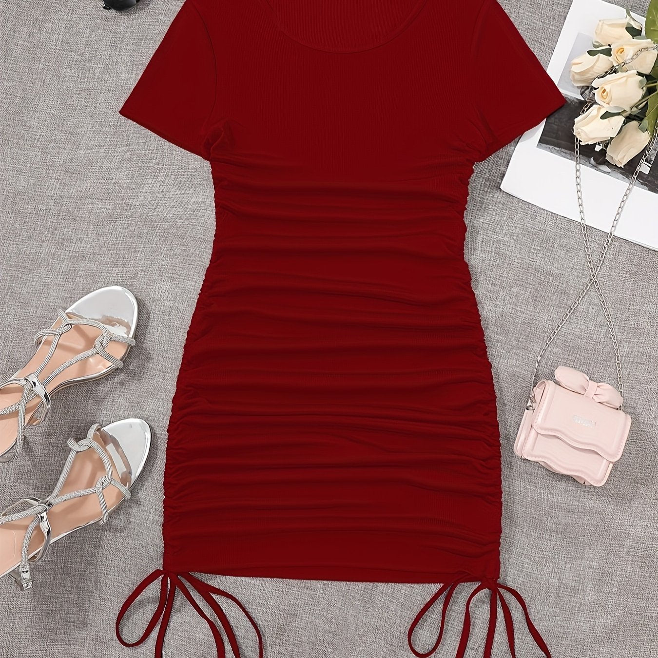 Womens Ruched Skinny Dress - Adjustable Drawstring Waist, Solid Color, Short Sleeve, Crew Neck, Chic and Versatile Casual Wear for Women