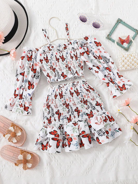 2pcs Toddler Girls Long Puff Sleeves Cold Shoulder Shirred Frill Trim Crop Top & Ruffled Hem Skirt Set Kids Spring Summer Clothes