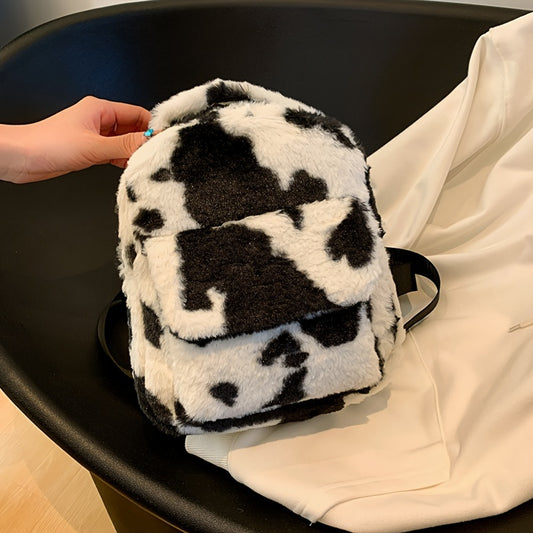 Cow Print Fluffy Backpack, Small Fuzzy Shoulder Bag For Work & School, Women's Top Handle Backpack Purse