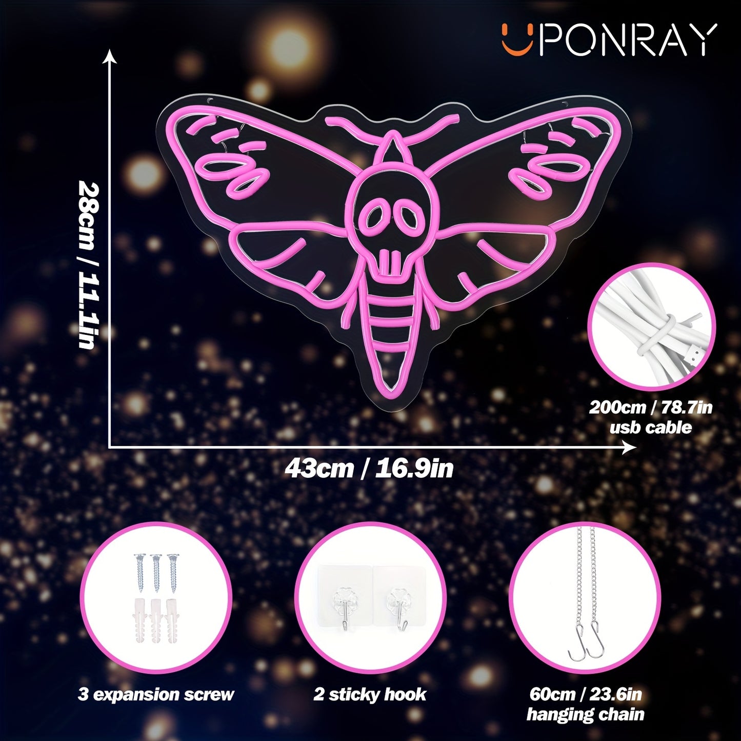 Death Head Moth Neon Signs, Death Moth Neon Light, LED Skull Butterfly Neon Sign for Wall Decor, Dimmable & Powered by USB Unique Insect Neon Lights for Collectables Tabletop Wall Art Home Decor Living Gallery Bedroom