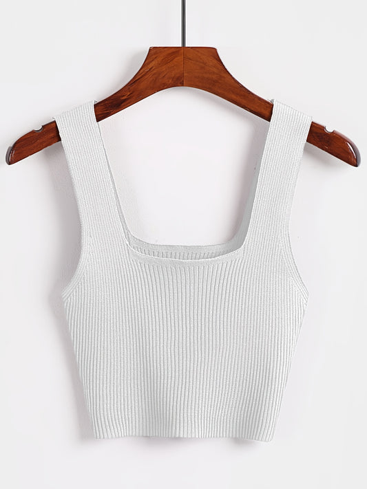 Solid Cropped Rib Knitted Vest, Elegant Sleeveless Summer Stretchy Vest, Women's Clothing