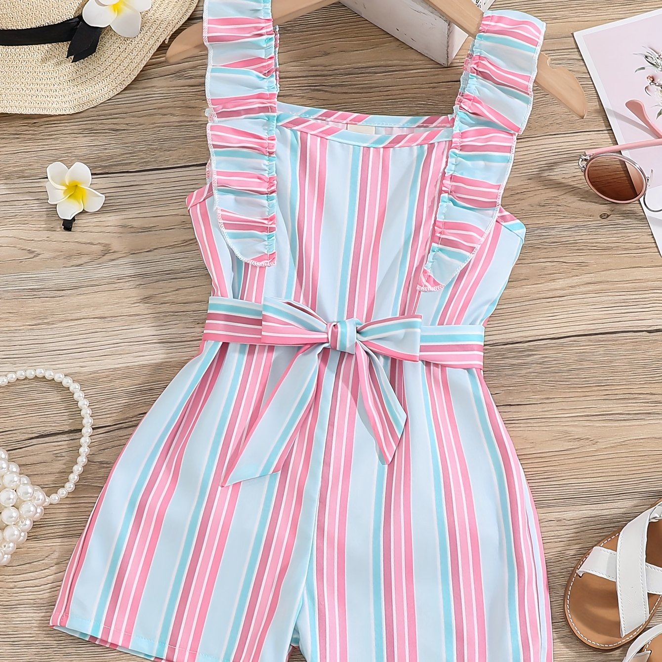 HWMFSNHFZ Girls' Sleeveless Striped Jumpsuit with Ruffled Hem & Adjustable Waist Belt - Light Blue, Pink, White Stripes, Square Neck, Summer Casual Outfit for Outdoor Play, Sleeveless Jumpsuit, Nonelastic Fabric