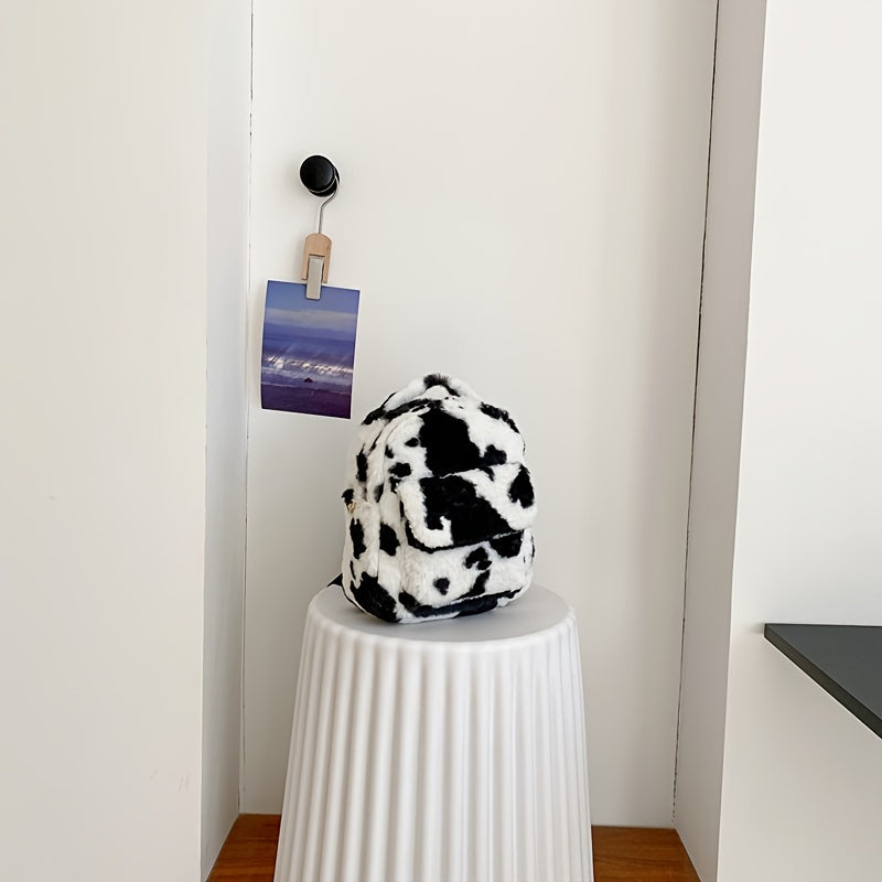 Cow Print Fluffy Backpack, Small Fuzzy Shoulder Bag For Work & School, Women's Top Handle Backpack Purse