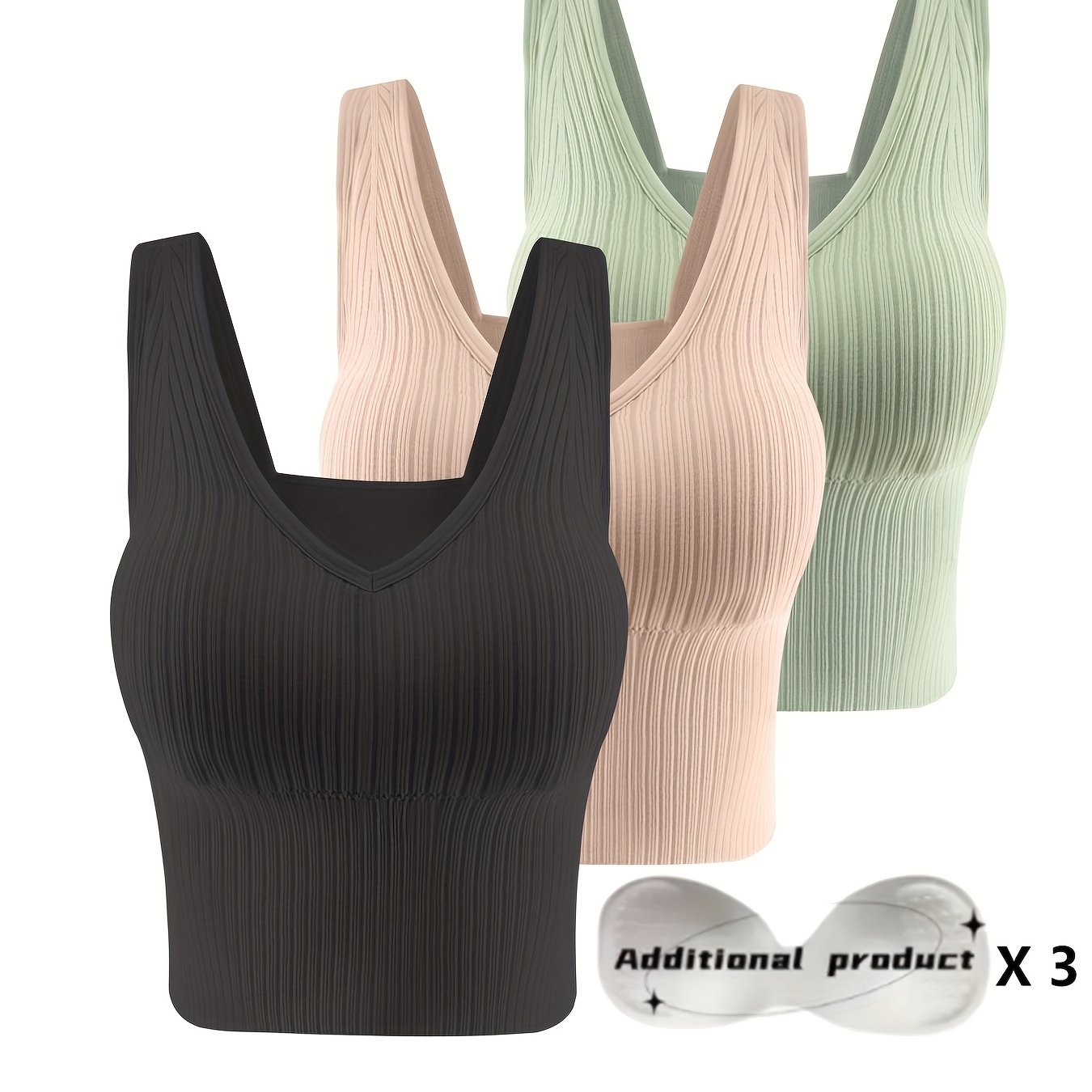 3pcs Comfortable Ribbed Tank Top - Wireless, Detachable Chest Pads, Breathable, Soft, and Seamless Lingerie & Underwear for Women - Casual, Everyday Wear