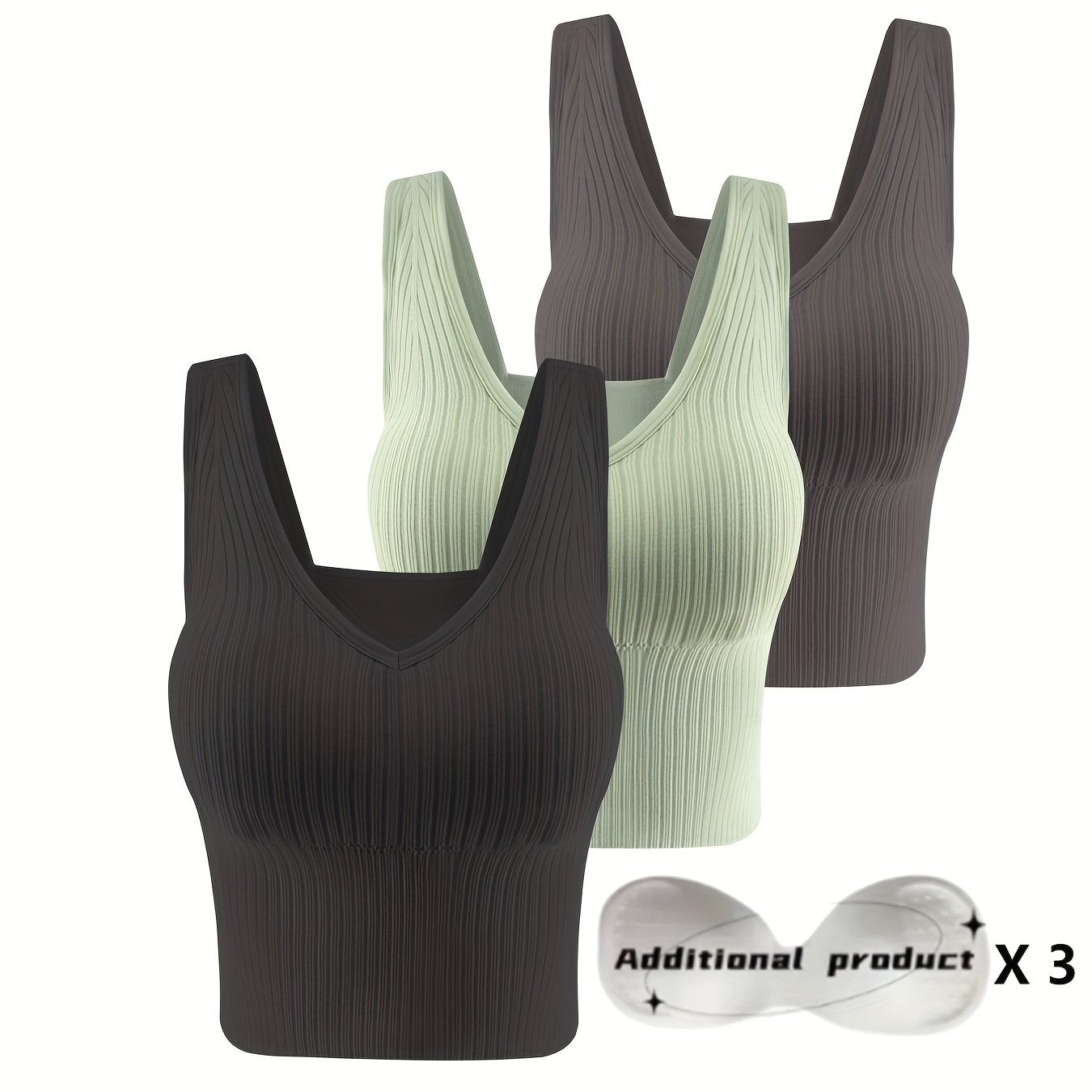 3pcs Comfortable Ribbed Tank Top - Wireless, Detachable Chest Pads, Breathable, Soft, and Seamless Lingerie & Underwear for Women - Casual, Everyday Wear