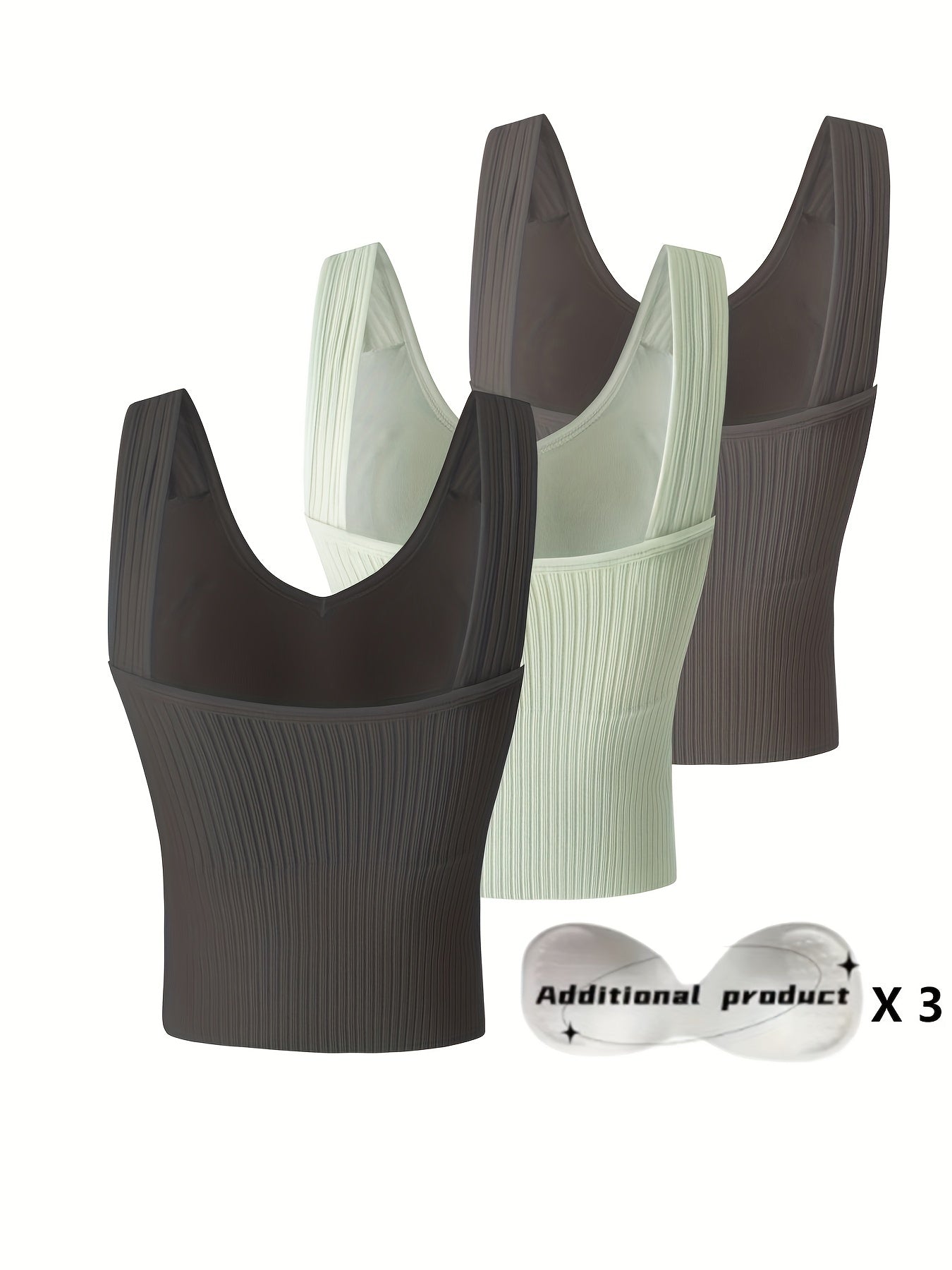 3pcs Comfortable Ribbed Tank Top - Wireless, Detachable Chest Pads, Breathable, Soft, and Seamless Lingerie & Underwear for Women - Casual, Everyday Wear