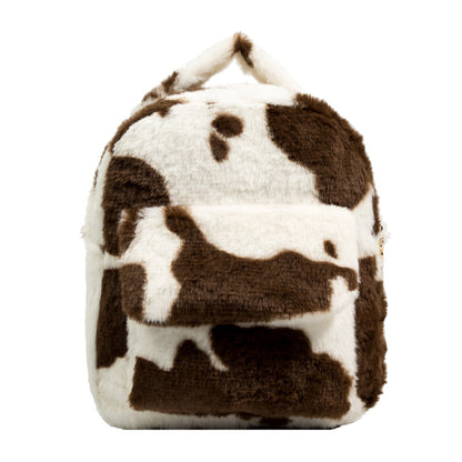 Cow Print Fluffy Backpack, Small Fuzzy Shoulder Bag For Work & School, Women's Top Handle Backpack Purse