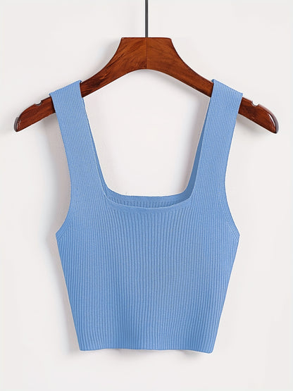 Solid Cropped Rib Knitted Vest, Elegant Sleeveless Summer Stretchy Vest, Women's Clothing