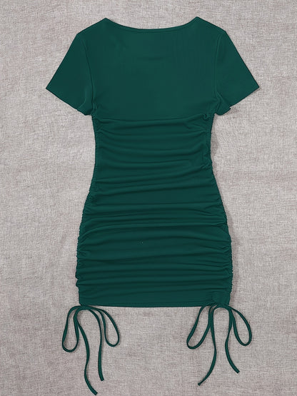 Womens Ruched Skinny Dress - Adjustable Drawstring Waist, Solid Color, Short Sleeve, Crew Neck, Chic and Versatile Casual Wear for Women