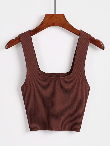 Solid Cropped Rib Knitted Vest, Elegant Sleeveless Summer Stretchy Vest, Women's Clothing