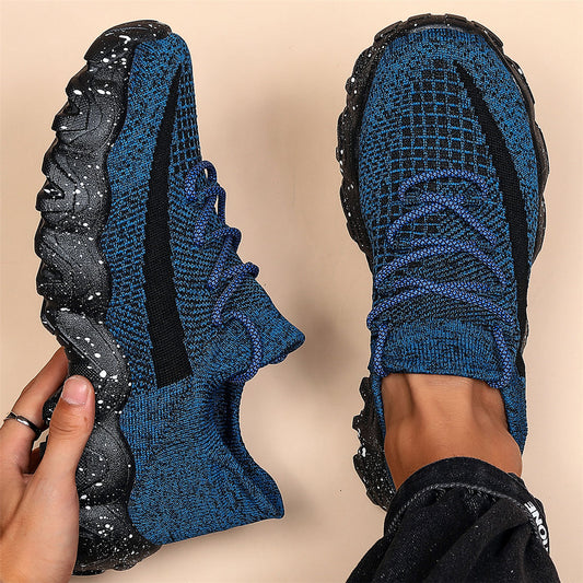 Men's Casual Sneakers - Geometric Pattern, Breathable Knit Upper, Lace-Up Closure, Durable Rubber Sole, Comfortable Fabric Lining for Spring Sports & Casual Attire, Athletic Footwear | Geometric Pattern Shoes | Knit Construct