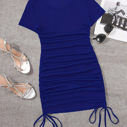 Womens Ruched Skinny Dress - Adjustable Drawstring Waist, Solid Color, Short Sleeve, Crew Neck, Chic and Versatile Casual Wear for Women
