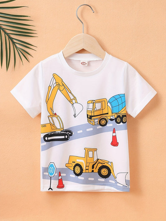 Fun Cartoon Excavator Tee for Kids - Tees - Short Sleeves, Crew Neck, Summer Casual, Boys' Favorite Graphic Print Top - Vibrant Colors, Soft Fabric, Comfortable Wear