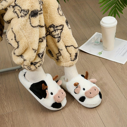 [Cozy Cow Plush Slippers] Warm Cozy Home Cute Cartoon Cow Plush Half-Wrap Slippers | Couple's Matching Thickened