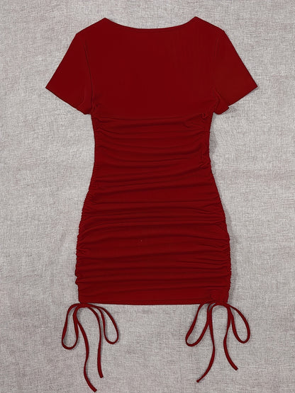 Womens Ruched Skinny Dress - Adjustable Drawstring Waist, Solid Color, Short Sleeve, Crew Neck, Chic and Versatile Casual Wear for Women