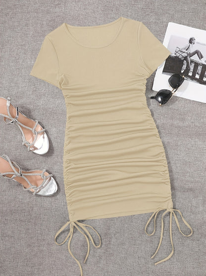 Womens Ruched Skinny Dress - Adjustable Drawstring Waist, Solid Color, Short Sleeve, Crew Neck, Chic and Versatile Casual Wear for Women