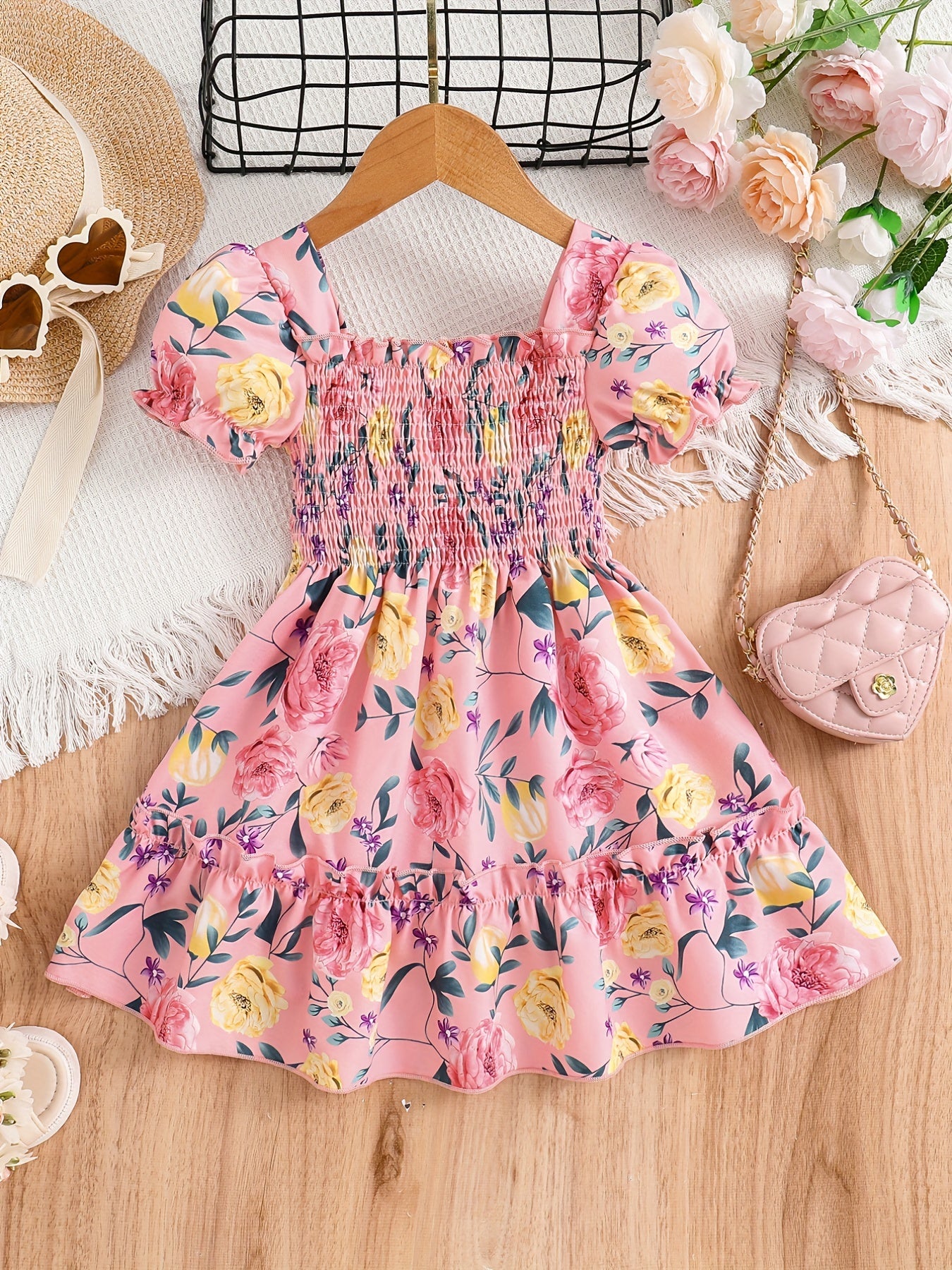 [Floral Party Dress] Floral Puff Sleeve Girls Party Dress | Shirred Ruffled Hem Kids Summer Clothes