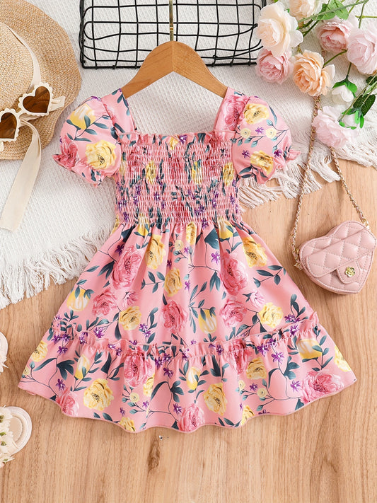 [Floral Party Dress] Floral Puff Sleeve Girls Party Dress | Shirred Ruffled Hem Kids Summer Clothes