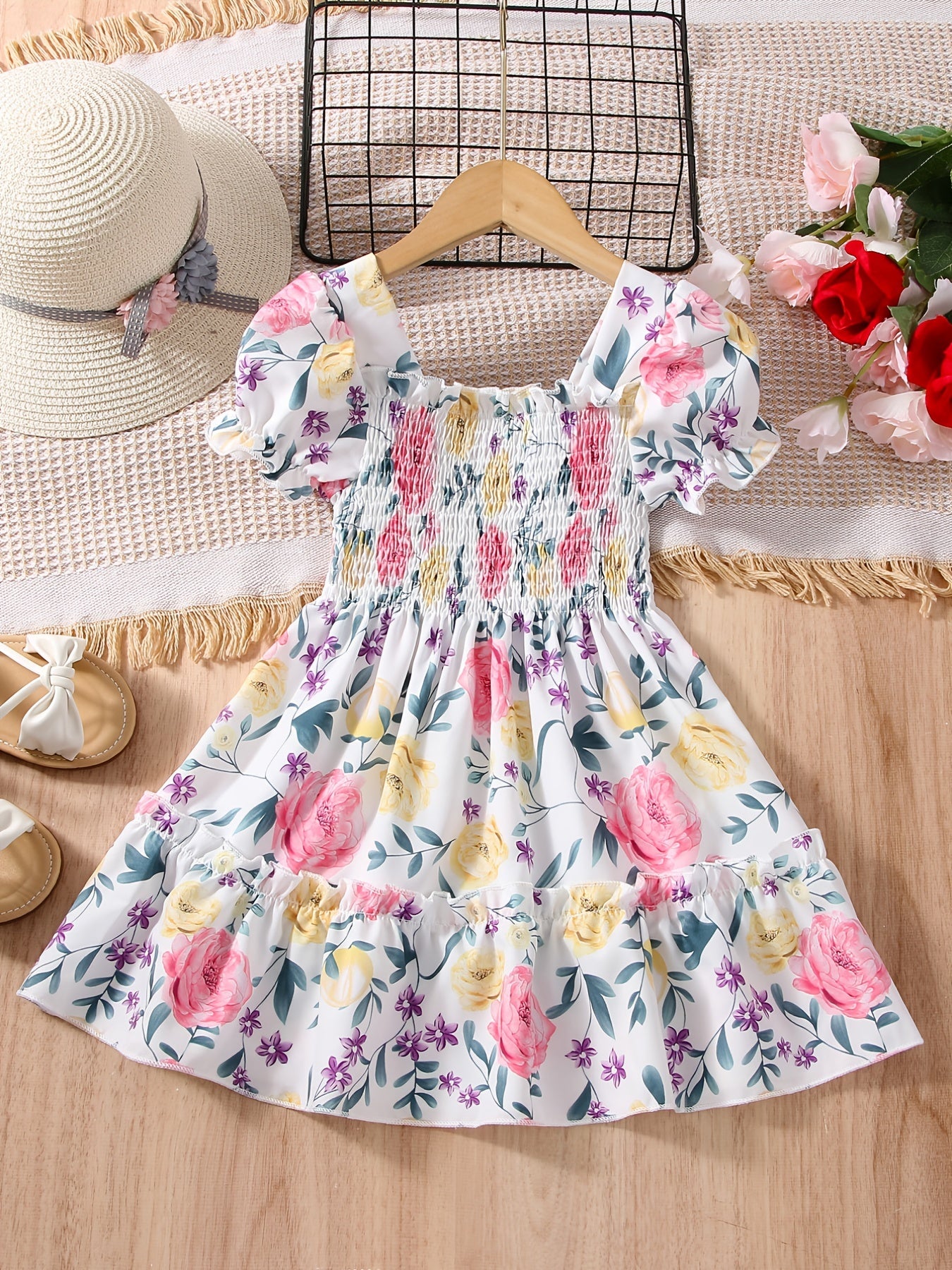 [Floral Party Dress] Floral Puff Sleeve Girls Party Dress | Shirred Ruffled Hem Kids Summer Clothes