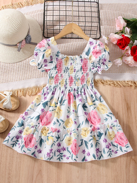 [Floral Party Dress] Floral Puff Sleeve Girls Party Dress | Shirred Ruffled Hem Kids Summer Clothes