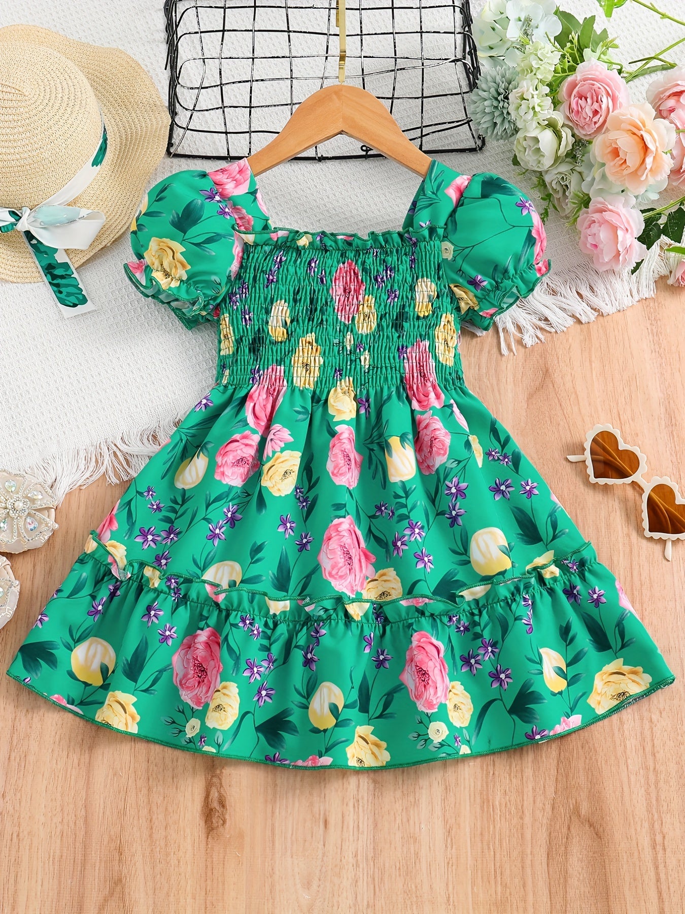 [Floral Party Dress] Floral Puff Sleeve Girls Party Dress | Shirred Ruffled Hem Kids Summer Clothes