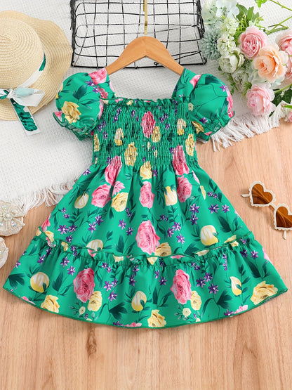 [Floral Party Dress] Floral Puff Sleeve Girls Party Dress | Shirred Ruffled Hem Kids Summer Clothes