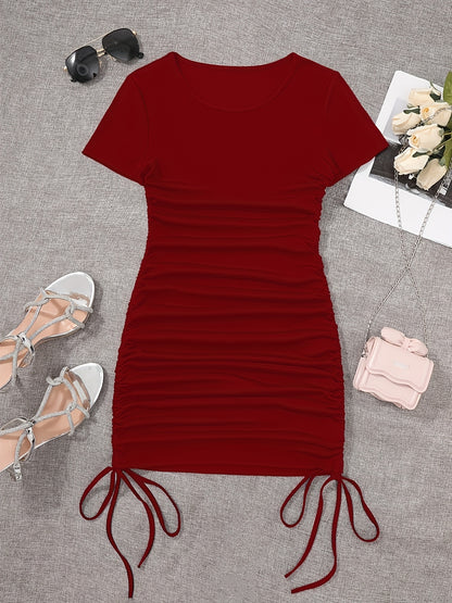 Womens Ruched Skinny Dress - Adjustable Drawstring Waist, Solid Color, Short Sleeve, Crew Neck, Chic and Versatile Casual Wear for Women