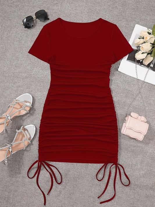 Womens Ruched Skinny Dress - Adjustable Drawstring Waist, Solid Color, Short Sleeve, Crew Neck, Chic and Versatile Casual Wear for Women