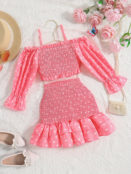[Casual Heart Print Skirt Set] Casual Heart Print Ruffle Detail Girls' Knee-Length Skirt Set | Summer Dresses for Outdoor Attire